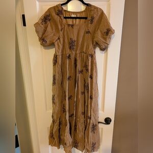 Women's Roolee Tan Textured Dress with Floral Accents